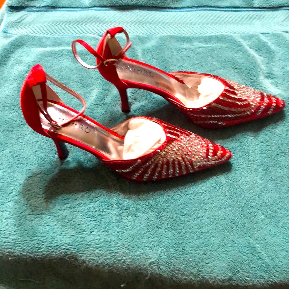 Astro shoe size 9  Red satin with rhinestone on top and sides